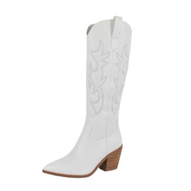 Imagem de LUMUTA Botas femininas bordadas estilo caubói ocidental, bico fino, zíper lateral, festival, música, festival, festa, cano alto, Branco, 40