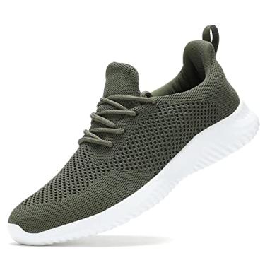 Imagem de Wrezatro Tênis de corrida masculino sem cadarço, ultraleve, respirável, antiderrapante, casual, moderno, malha, treino, esportes, Verde militar, 37