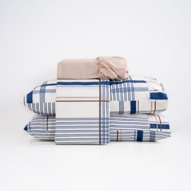 Imagem de Jogo de cama lençol estampado casal queen 4 peças algodão 180 fios (CASAL, LISTRADO AZUL)