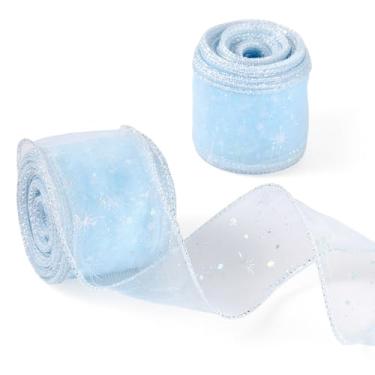 Imagem de KISSITTY Fita de tule de 20 metros padrão de estrela azul claro 5,8 cm de largura fitas decorativas de poliéster para festa de árvore de Natal, guirlandas de casamento, laços, decoração de embrulho de
