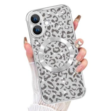 Imagem de Fiyart Capa projetada para Phone7, compatível com MagSafe Cheetah Print Plating Proteção para câmera com glitter magnético leopardo para mulheres e homens à prova de choque 16 cm - Prata