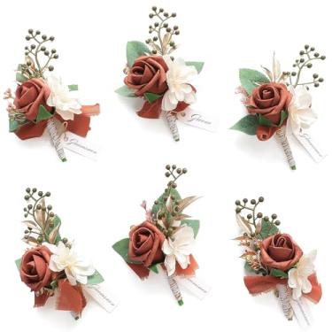 Imagem de Floroom Conjunto de 6 flores de rosa de espuma de terracota laranja queimada com alfinetes para homens, casamento para padrinhos, cerimônias de casamento, aniversários, jantares formais, festas de