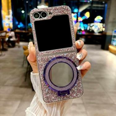 Imagem de Capa magnética espelhada com glitter e revestimento de diamante de luxo para Samsung Galaxy Z Flip 6 5 4 3 5G, capa antiqueda, roxa, para Galaxy Z Flip6