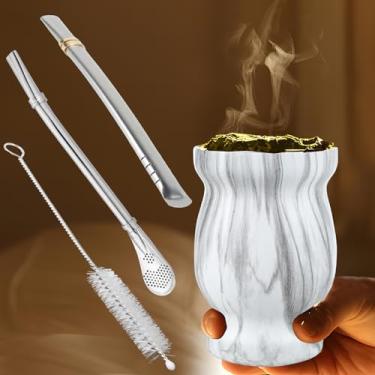 Imagem de Cabaça de erva mate de 227 g, conjunto de xícara de chá mate de aço inoxidável inclui xícara de erva mate isolada, canudo de erva mate e escova de limpeza, caneca de café de parede dupla isolamento