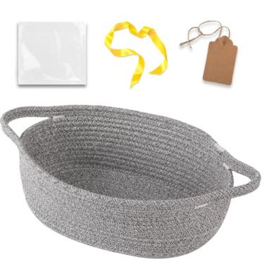 Imagem de OIAHOMY Cesta pequena de tecido com sacos de presente e fitas, cesta de presente vazia com cartão de etiqueta DIY, caixa organizadora decorativa para animais de estimação, cinza