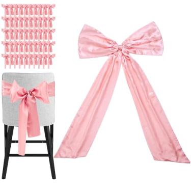 Imagem de Decoração de laço de cetim grande com 50 faixas de cadeira - perfeita para aniversário, casamento, festas e chá de bebê | Laços gigantes de 61 x 91 cm para decoração de quarto | Fitas largas de tecido
