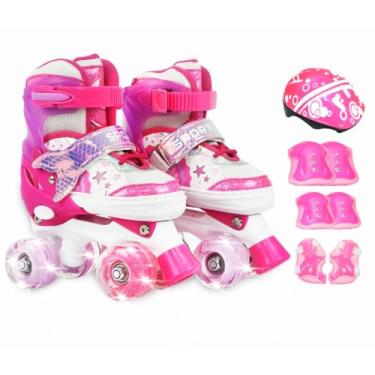 Imagem de Patins Infantil Roller 4 Rodas Ajustável + Kit Proteção (Sereaia Rosa, G - 37 AO 40)