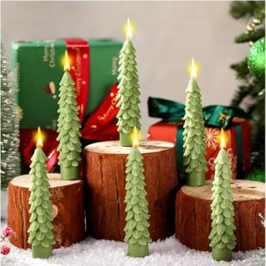 Imagem de Conelist 6 peças de velas em forma de árvore de Natal, velas perfumadas de cera de Natal, verde claro, decoração de árvore de Natal para véspera de Natal, festa de inverno, ano novo, quarto, decoração