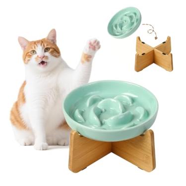 Imagem de Tigela de alimentação lenta elevada para gatos - prato de comida de cerâmica para gatos com suporte de bambu antiderrapante - Tigela de alimentação adequada para bigodes - Prato de labirinto elevado