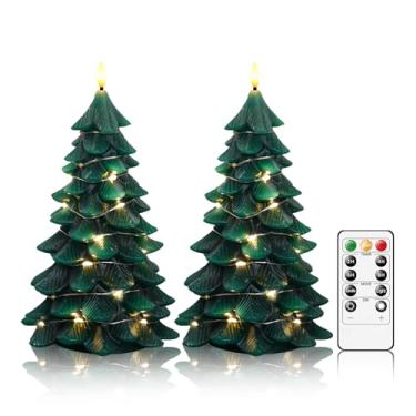 Imagem de kakoya Velas de árvore de Natal sem chamas com controle remoto, 2 peças de velas cintilantes de LED de cera real verde operam com cordão de estrela embutido para decoração de casa presentes de Natal