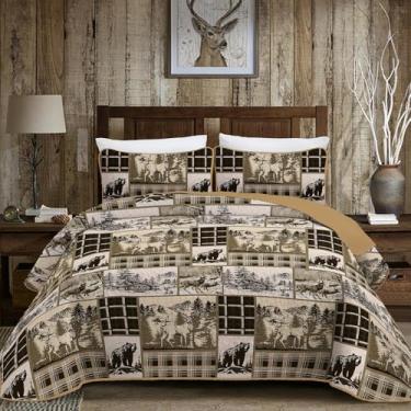 Imagem de Conjunto de colcha de retalhos de Natal Queen Size 3 peças, colcha reversível de rena de árvore de Natal marrom, colcha de poliéster macio com duas fronhas padrão para todas as estações