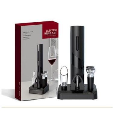 Imagem de Kit Abridor de Vinho Elétrico Completo com Base – Rolha a Vácuo, Cortador de Lacre, Aerador – Design Moderno e Silencioso - Elegância e Praticidade para Apreciadores de Vinho