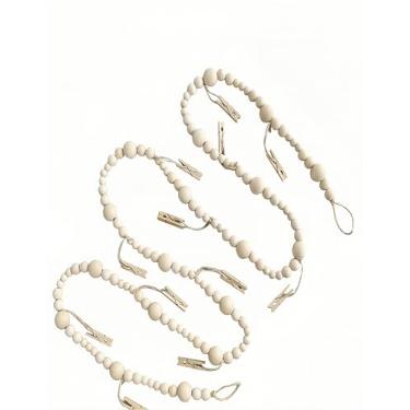 Imagem de bepisof Guirlanda de contas de madeira de 2,8 m, guirlanda de pendurar estilo boho com clipes, decoração de fazenda, moldura de colagem, suporte de arte para cartões, para dormitórios, salas de aula