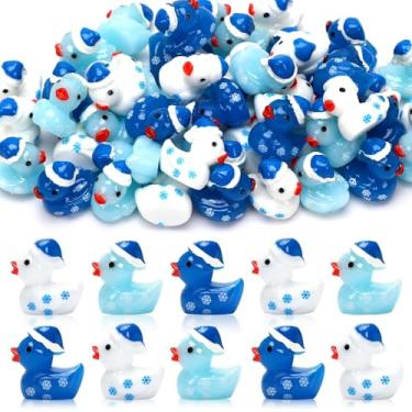 Imagem de JUNEBRUSHS 50 peças de mini patos de inverno, minúsculos patos de resina, bonecos de pato de floco de neve, ornamentos azuis em miniatura para encher vasos, joias, artesanato, bricolage, presentes de