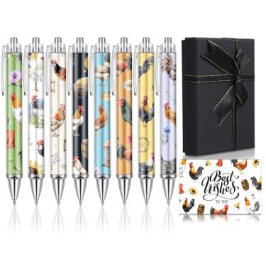 Imagem de Sayglossy 8 canetas esferográficas de galo retrátil de tinta preta com caixa de presente preta e cartão comemorativo para mulheres, homens, professores, estudantes, presentes, diário, escola, material