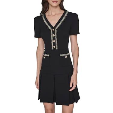 Imagem de Karl Lagerfeld Paris Vestido feminino manga curta crepe evasê, Preto, 50