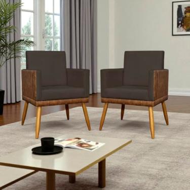 Imagem de Kit 2 Poltronas Decorativa Para Sala Manicure Consultório Recepção Cadeira Lis Corino Peroba e Suede Marrom