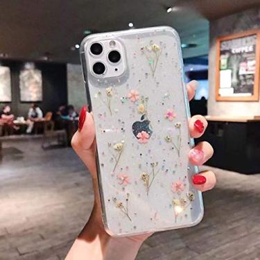 Imagem de YTanazing Capa fofa compatível com iPhone 11 Pro, flor verdadeira, com glitter, design floral, fina, à prova de choque, macia, flexível, transparente, TPU traseiro para iPhone 11 Pro, flores rosa