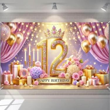 Imagem de HOMETITUTE Decoração de fundo de aniversário de 12 anos para meninas, faixa de fundo de festa de princesa com balões dourados, flores e velas, faixa de aniversário ao ar livre para fotografia de fundo