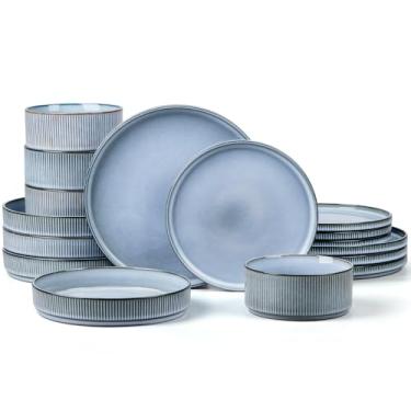 Imagem de E-far Conjunto de louça de 16 peças, pratos e tigelas com tigelas de massa, serviço para 4, pratos modernos com nervuras de grés para cozinha, seguro para micro-ondas e lava-louças, azul empoeirado