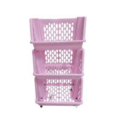 Imagem de Organizador Multiuso Cesto de Plástico c Rodinhas 2, 3 ou 4 andares Empilhável (triplo rosa)