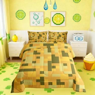 Imagem de Pixelated Blocks Conjunto de edredom infantil tamanho solteiro, jogo de cama com desenho animado de videogame, gamepad, decoração de quarto de meninos, camuflagem do exército, edredom de jogador