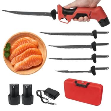 Imagem de LJDTTXS Faca de bife elétrica, faca de borda ao ar livre para pesca com 4 lâminas alternantes antiaderentes revestidas de nitreto de Ti-nitreto SS com orifício de refrigeração, alça