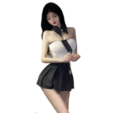 Imagem de QNCLO Cosplay feminino sexy roupa estudantil anime japonês JK saia plissada estilo universitário francês marinheiro uniforme marinho, Preto, branco, Tamanho Único