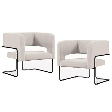 Imagem de Kit 02 Poltronas Decorativas Scarlett D02 Base de Aço Preto Linho Cru C-443 - Lyam Decor