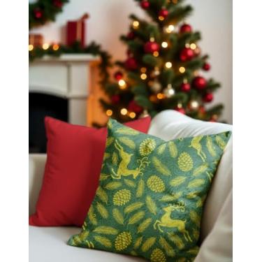 Imagem de Kit 2 Capas De Almofadas Natal Renas Verde 60x60 Grande C/Zíper Luxo