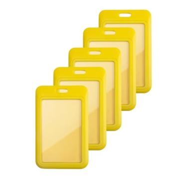 Imagem de Pacote com 5 porta-crachás deslizantes rígidos de plástico amarelo vertical com janela transparente para documentos de escritório, escola, cartões de crédito, cartões de crédito de proximidade