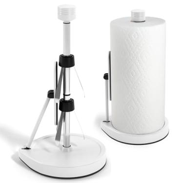 Imagem de Suporte de toalha de papel de braço de tensão de aço inoxidável - Operação fácil com uma mão - Este modelo de bancada resistente e pesado de papel toalha tem ventosas e comporta todos os rolos de