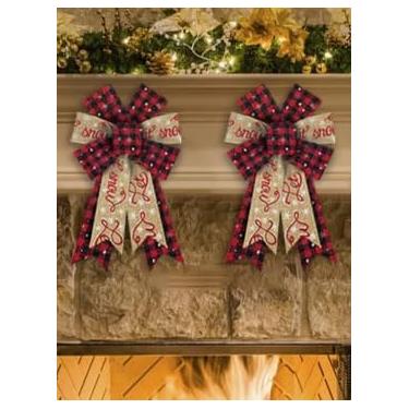 Imagem de 2 peças de laços de Natal para grinaldas, arcos xadrez de búfalo vermelho, estopa para decoração de parede interna e externa