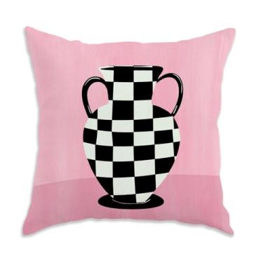Imagem de Capas de almofada quadriculadas abstratas modernas 45 x 45 cm, vaso xadrez preto e branco eclético rosa decorativo fronhas para sofá-cama, casa, sala de estar, decoração de quarto