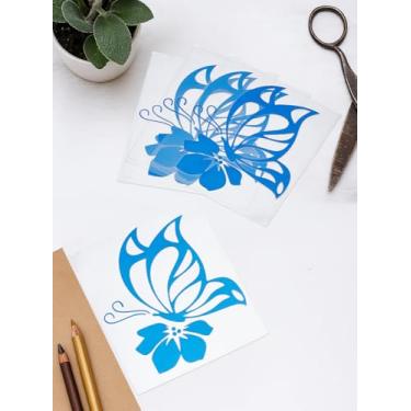 Imagem de 4 folhas de adesivos de carro PET à prova d'água, borboleta autoadesiva refletiva azul com flor de hibisco, decalque de vinil para motocicleta capacete janela decoração de casa, 16 x 15 x 0 cm