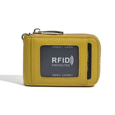 Imagem de Carteira de couro para cartão de crédito com bloqueio de RFID e porta-chaves, Amarelo, Carteira pequena