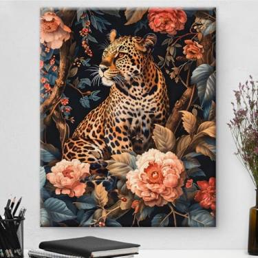 Imagem de Arte de parede botânica vintage de leopardo majestoso emoldurado - Decoração de parede com flores escuras Academia para sala de estar quarto casa 20 x 25 cm