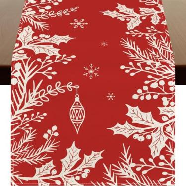 Imagem de Caminho de mesa de Natal com folhas de pinheiro azevinho, decoração de mesa de jantar de cozinha de inverno sazonal para decoração de festa em casa 33 x 121 cm