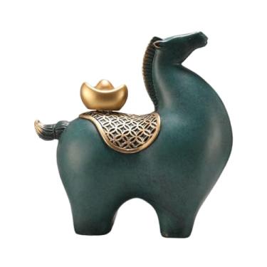 Imagem de Bothyi Estátua de Cavalo Feng Shui Decoração Artesanal Estátuas Modernas Únicas Escultura de Mesa para Estante Sala de Estante de Entrada de Casa, Cabeça Verde Levantada