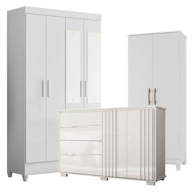 Imagem de Guarda Roupa Com Espelho Infantil Madri Com Cômoda Texas E Armário Multiuso Jade Branco Brilho - Moval