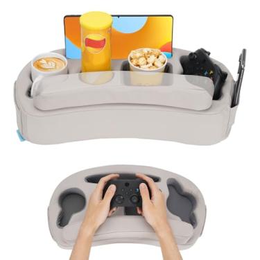 Imagem de Suporte de copo de sofá – Travesseiro para cama, trailer, TV, carro, caverna, banco traseiro | controle remoto, bebidas, lanches organizador de porta-copos (cinza poliuretano)