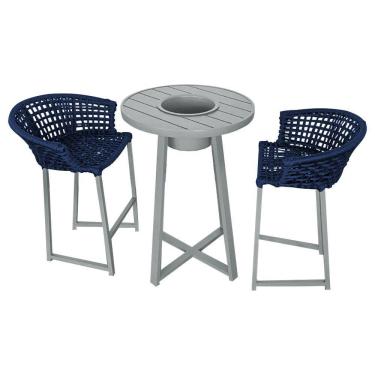 Imagem de Conjunto Bistrô Champanheira Cinza Tampo Ripado E 2 Banquetas Reis Corda Náutica Azul Marinho Azul