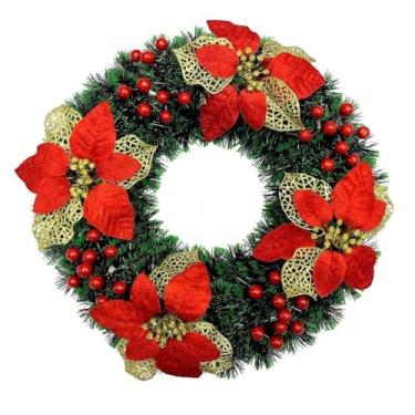 Imagem de Guirlanda Natalina25-40 Cm De Natal Decorativa Para Porta Com Flores Vermelhas Douradas Decoração Natal Decoração Equipado com pequenas bolas(RF1916-40CM)