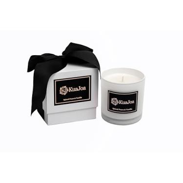 Imagem de KuaJoa Vela de mistura de soja perfumada com peras temperadas e baunilha, frasco de vidro branco, fragrância premium com caixa de presente preta, longa duração de 50 horas de queima