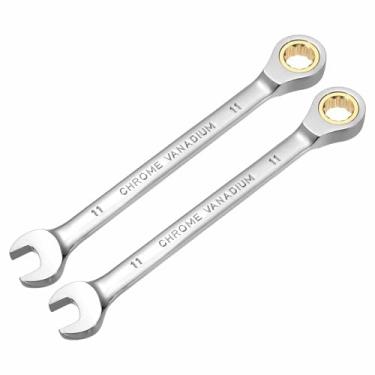 Imagem de HARFINGTON 2 peças chave de catraca de 11 mm métrico 12 pontos CR-V aço cromado alongamento caixa dupla chave catraca de extremidade aberta com 72 dentes e chave inglesa de 5° para reparo