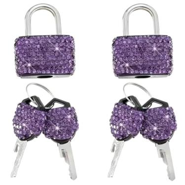 Imagem de 2 peças de mini fechaduras com chaves com strass brilhantes, cadeados de metal brilhante para bagagem, armário, mala, mochila, caixas e bolsa para laptop (roxo)