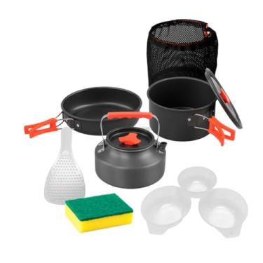 Imagem de Kit Conjunto de Panelas Camping Pesca 3 Panelas de alumínio Pá de bambu 3 Tigelas de plástico Colher Esponja para Uso Externo e Viagens