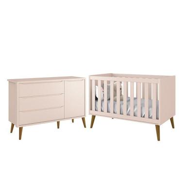 Imagem de Jogo De Quarto Infantil Theo Retrô Cômoda 1 Porta E Berço Rosa Fosco Com Pés Amadeirado Reller Móveis Rosa Fosco