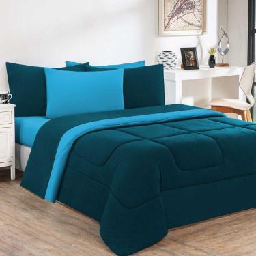Imagem de Kit Edredom + Jogo De Lençol 100% Algodão Gran Moratta 7 Peças Casal Azul Petróleo-azul Turquesa