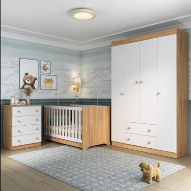 Imagem de Quarto de Bebê Completo com Berço Americano 3 em 1 Encanto Multimóveis Mp4585 Madeirado/branco